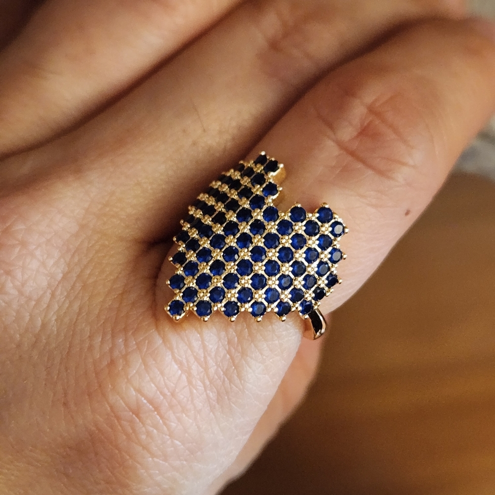 New 18K Gold Plated Blue Sapphire Pixel Heart Adjustable Ring for Women - Picture 2 of 11